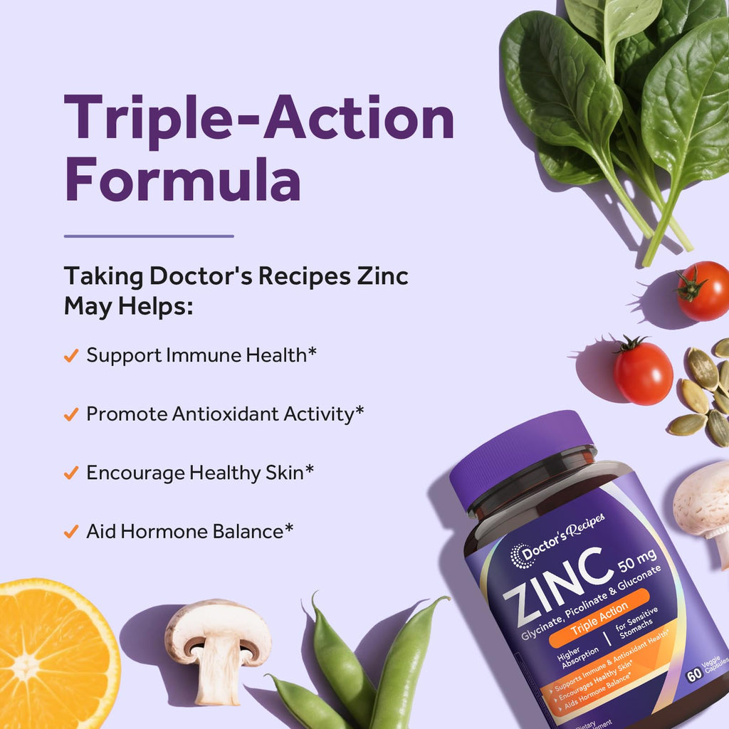 Doctor's Recipes Zinc Supplement 50mg – Triple Action Immune Support | 60 Capsules