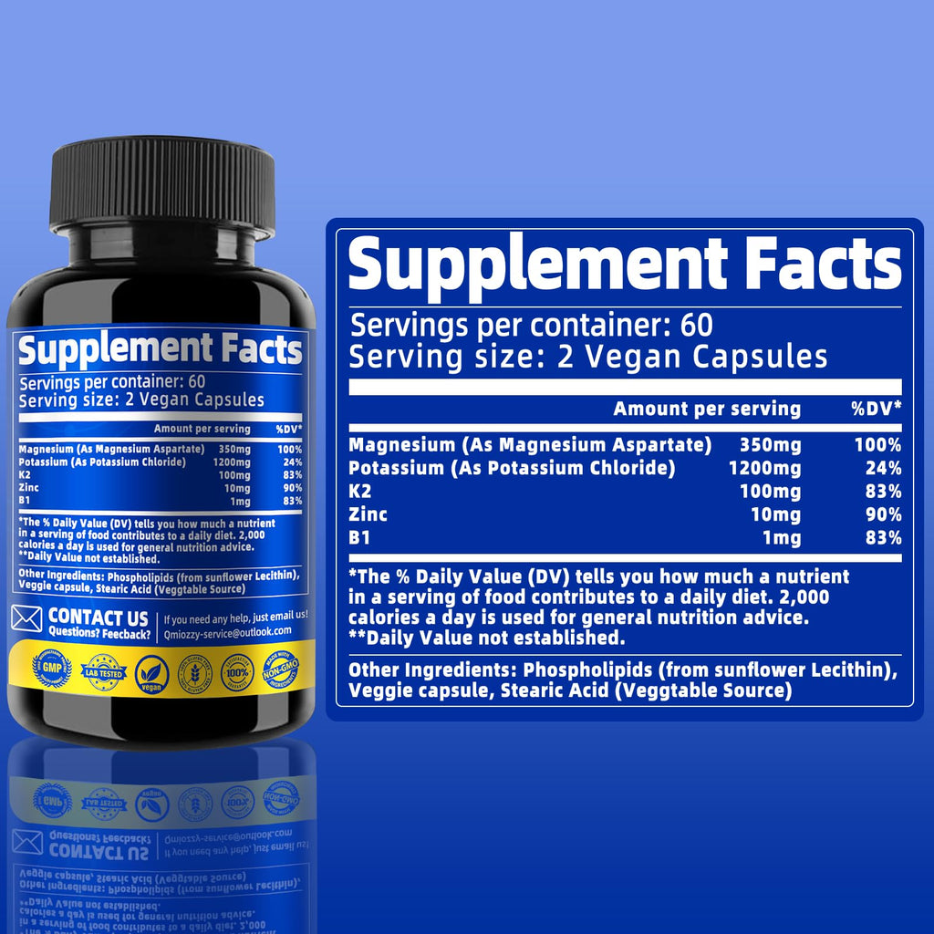 Potassium Magnesium Supplement 1600mg Liposomal Magnesium Aspartate + Zinc, K2, B1 – 120 Veg Capsules