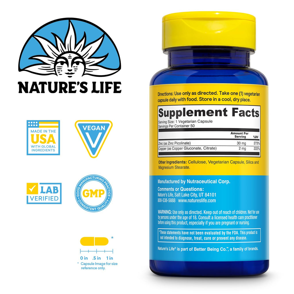 Nature's Life Zinc Picolinate 30mg + Copper 2mg – Chelated Zinc Supplement for Immune, Cardiovascular, Skin & Muscle Health | 50 Servings, 60-Day Guarantee