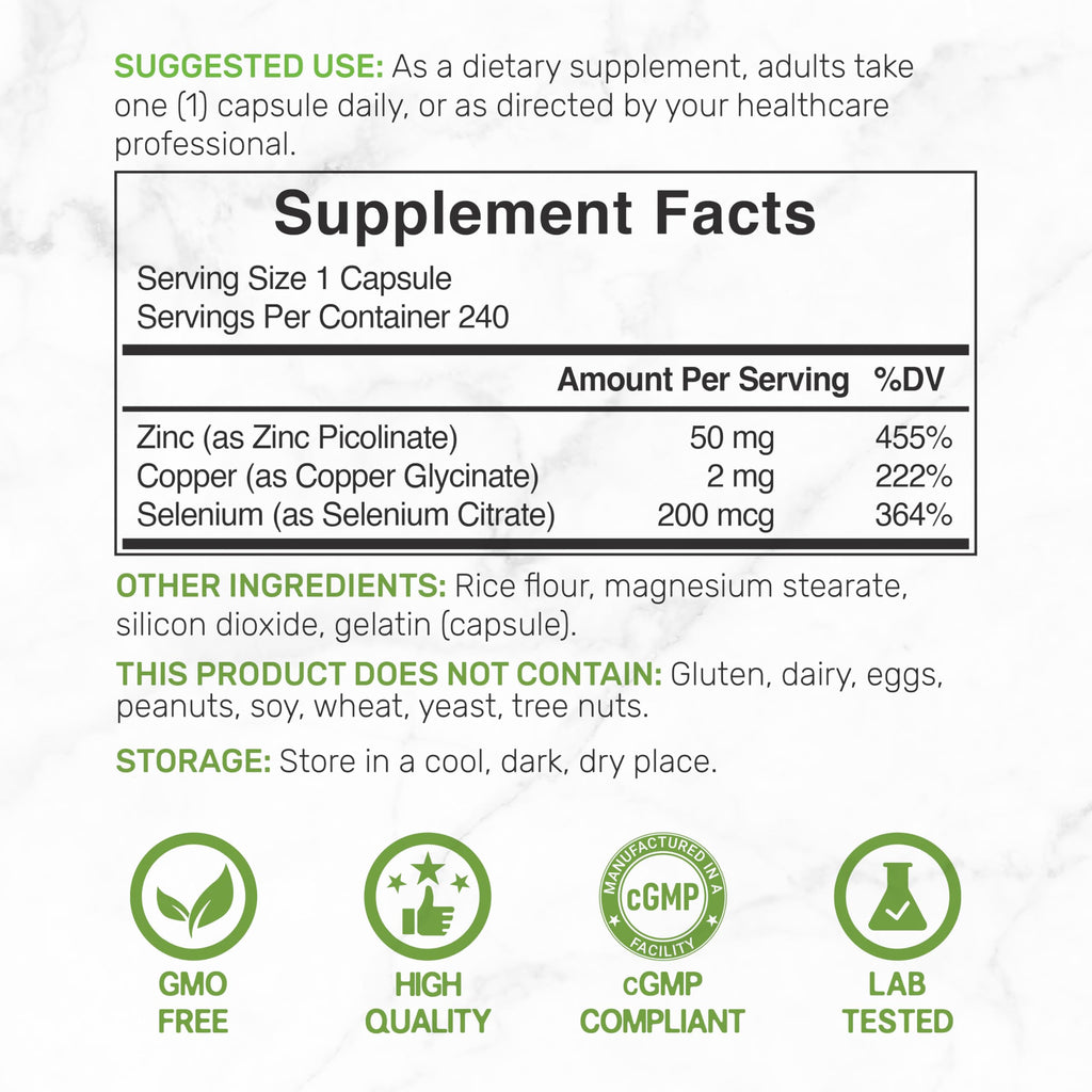Zinc Picolinate 50mg with Selenium & Copper – 240 Capsules (8 Months) | Immune Support