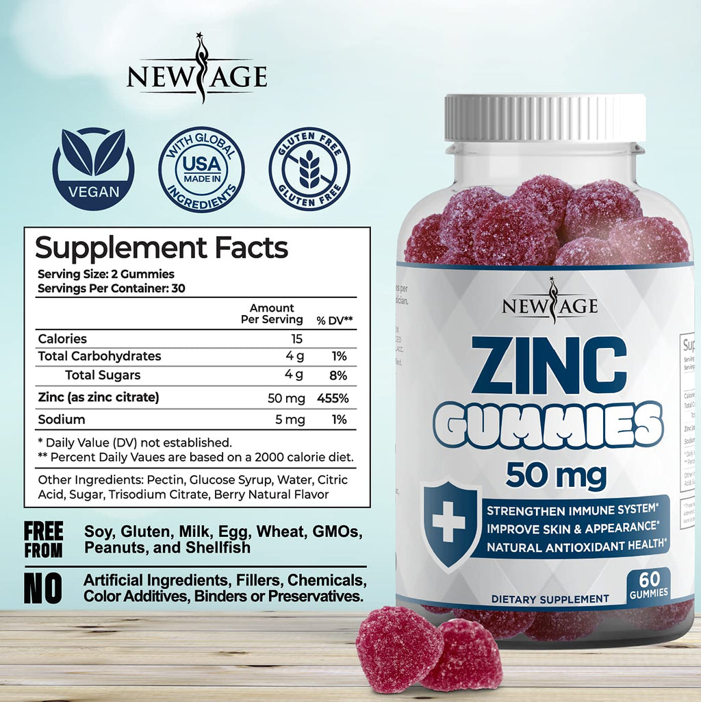 Zinc Gummies 2 Pack – 50mg Immune Booster Zinc Supplement with Vitamin C | Non-GMO | New Age