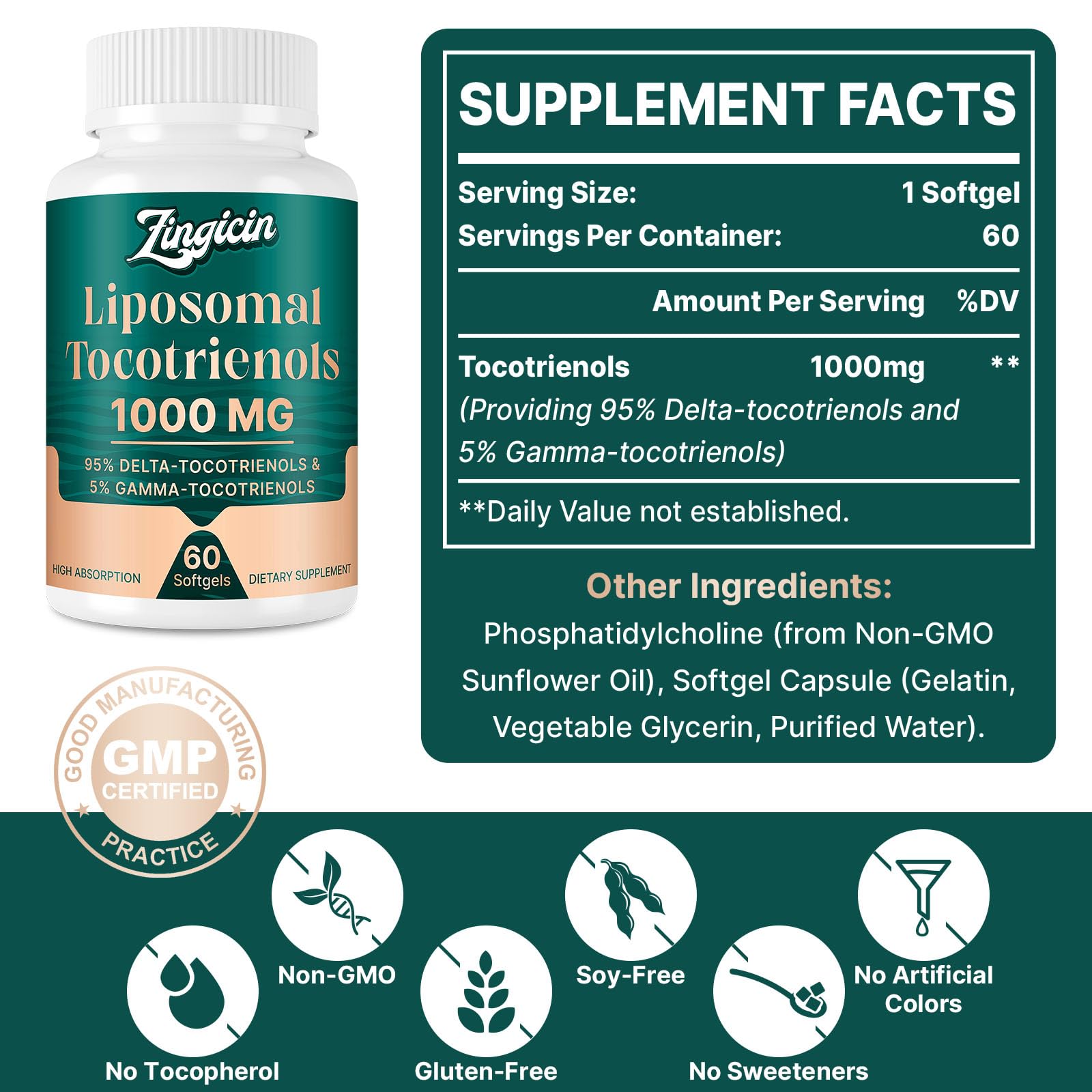 Zingicin Vitamin E Tocotrienols - Liposomal Vitamin E (1000mg), Delta & Gamma Tocotrienols, 60 Softgels