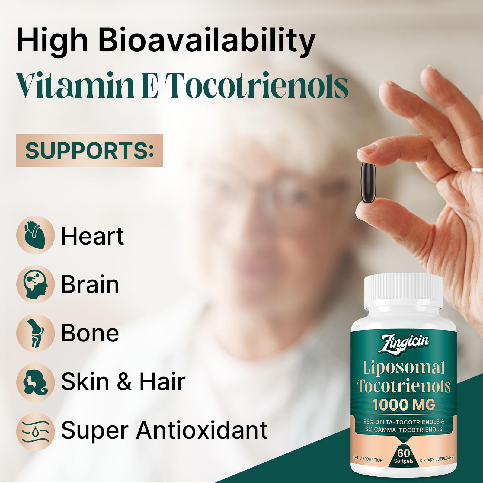 Zingicin Vitamin E Tocotrienols - Liposomal Vitamin E (1000mg), Delta & Gamma Tocotrienols, 60 Softgels