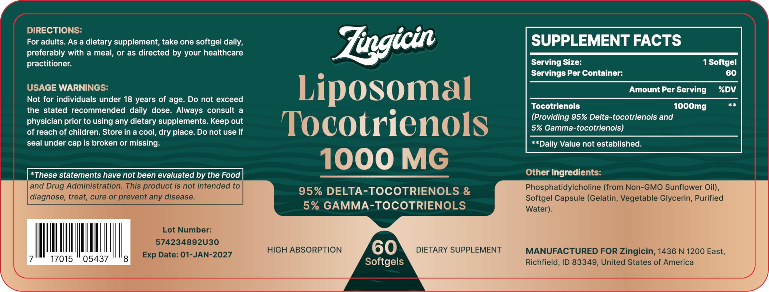 Zingicin Vitamin E Tocotrienols - Liposomal Vitamin E (1000mg), Delta & Gamma Tocotrienols, 60 Softgels