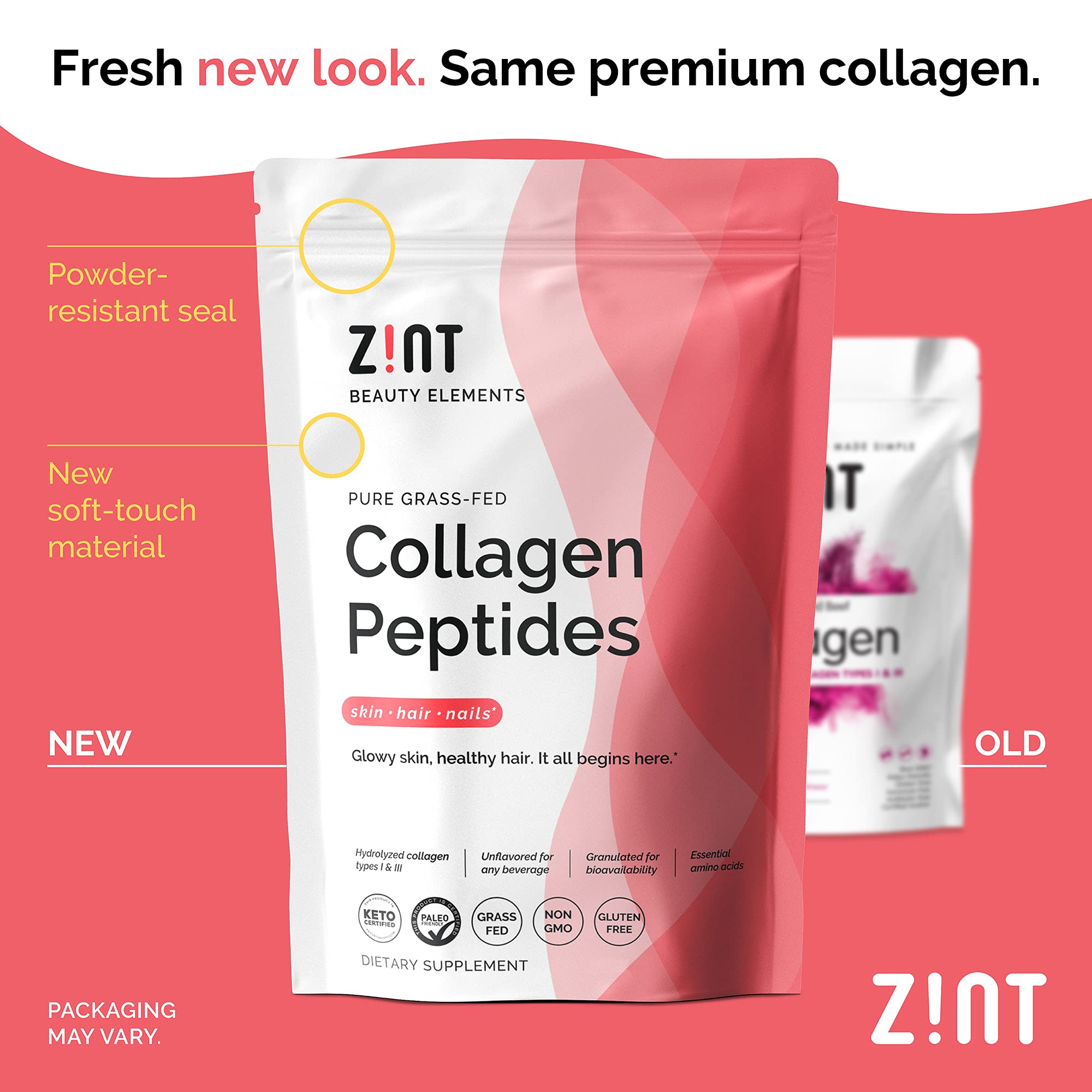 Zint Collagen Peptides Powder (32 oz) | Grass-Fed, Hydrolyzed Type I & III | Unflavored