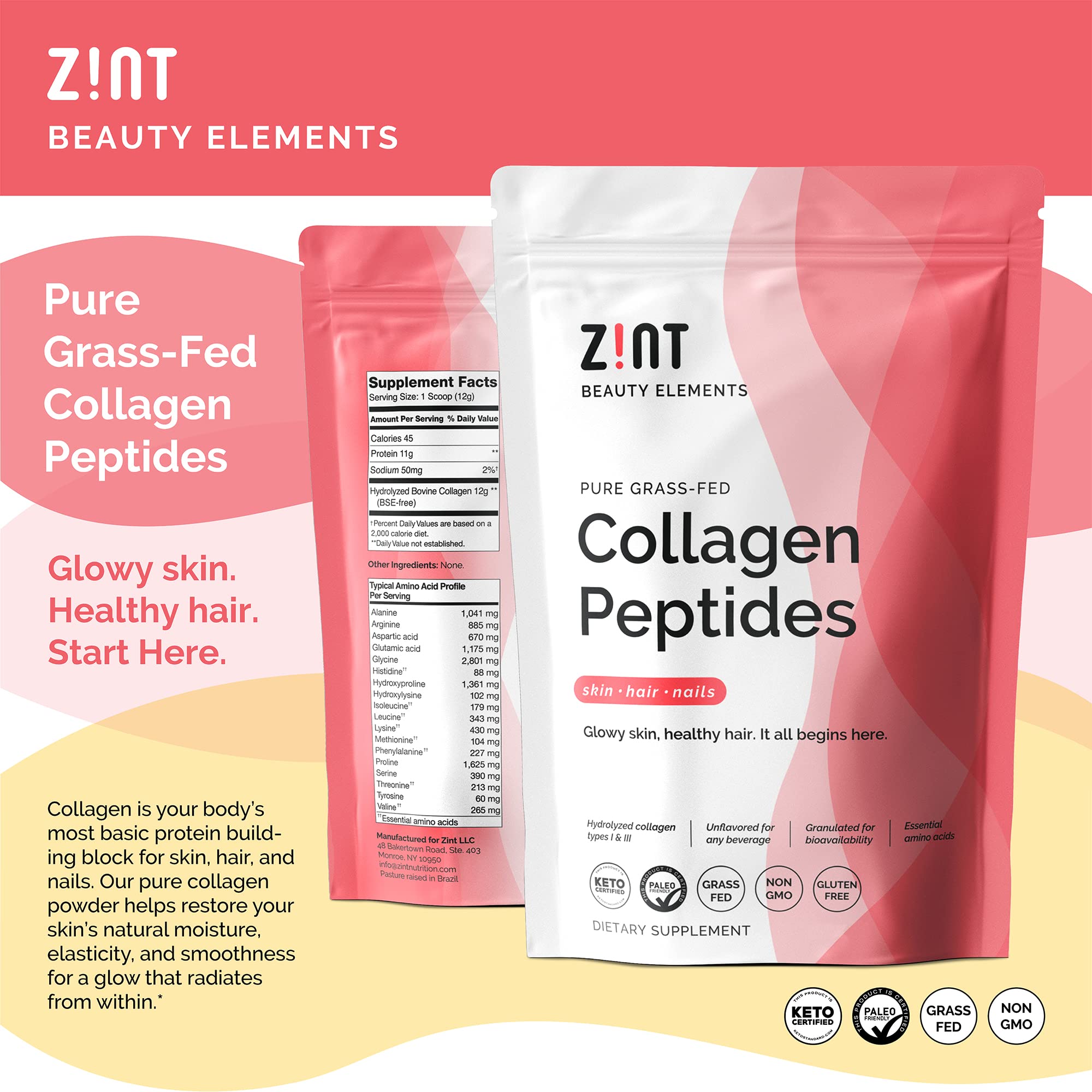 Zint Collagen Peptides Powder (32 oz) | Grass-Fed, Hydrolyzed Type I & III | Unflavored