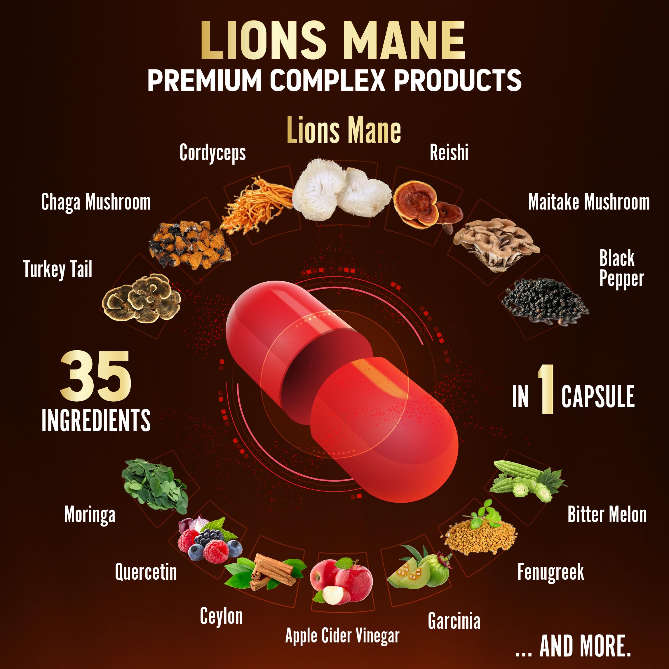Zolotus 35 in 1 Lions Mane Mushroom Capsules Cordeyceps, Reishi, Elderberry, Ashwagandha, Panax Ginseng - 120 Count