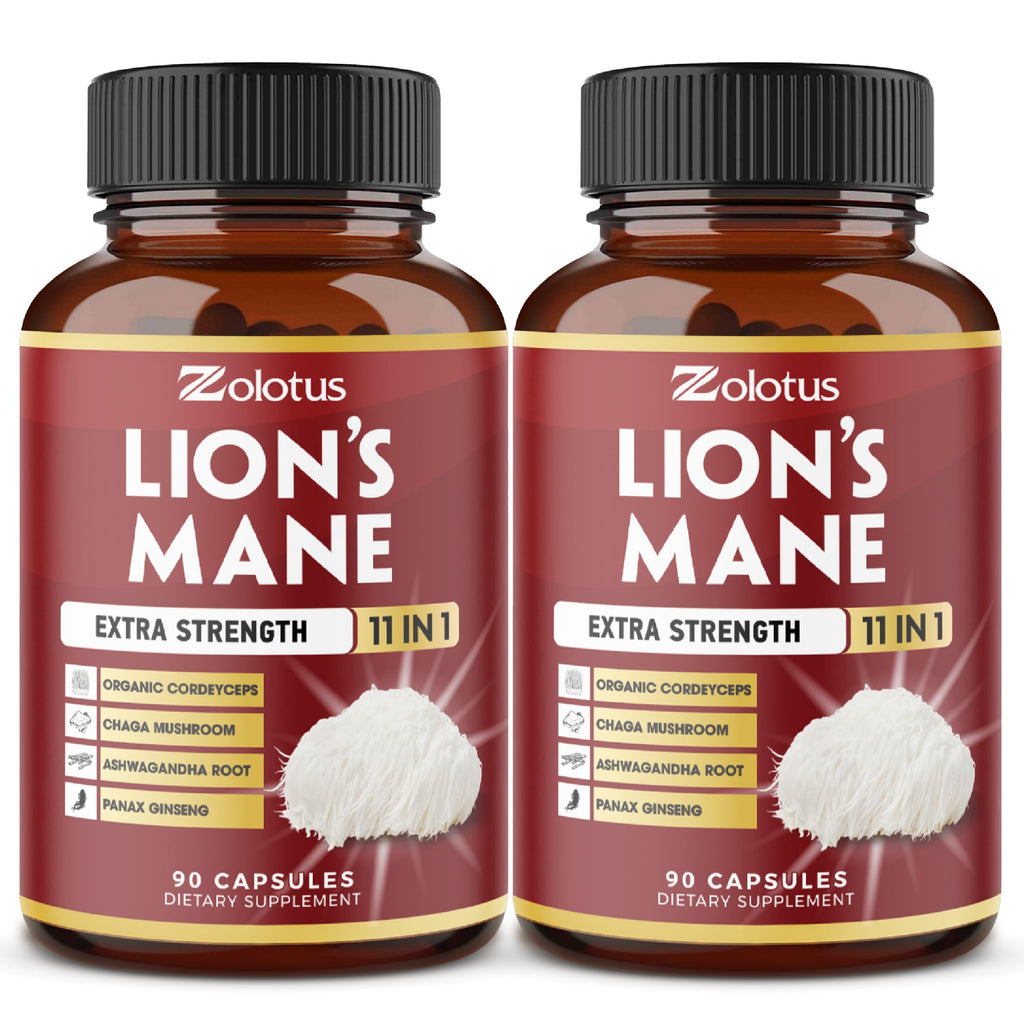 Zolotus Lions Mane Mushroom Supplement – 2 Pack (90 Capsules) with Cordeyceps, Reishi, Ashwagandha | 6 Month Supply