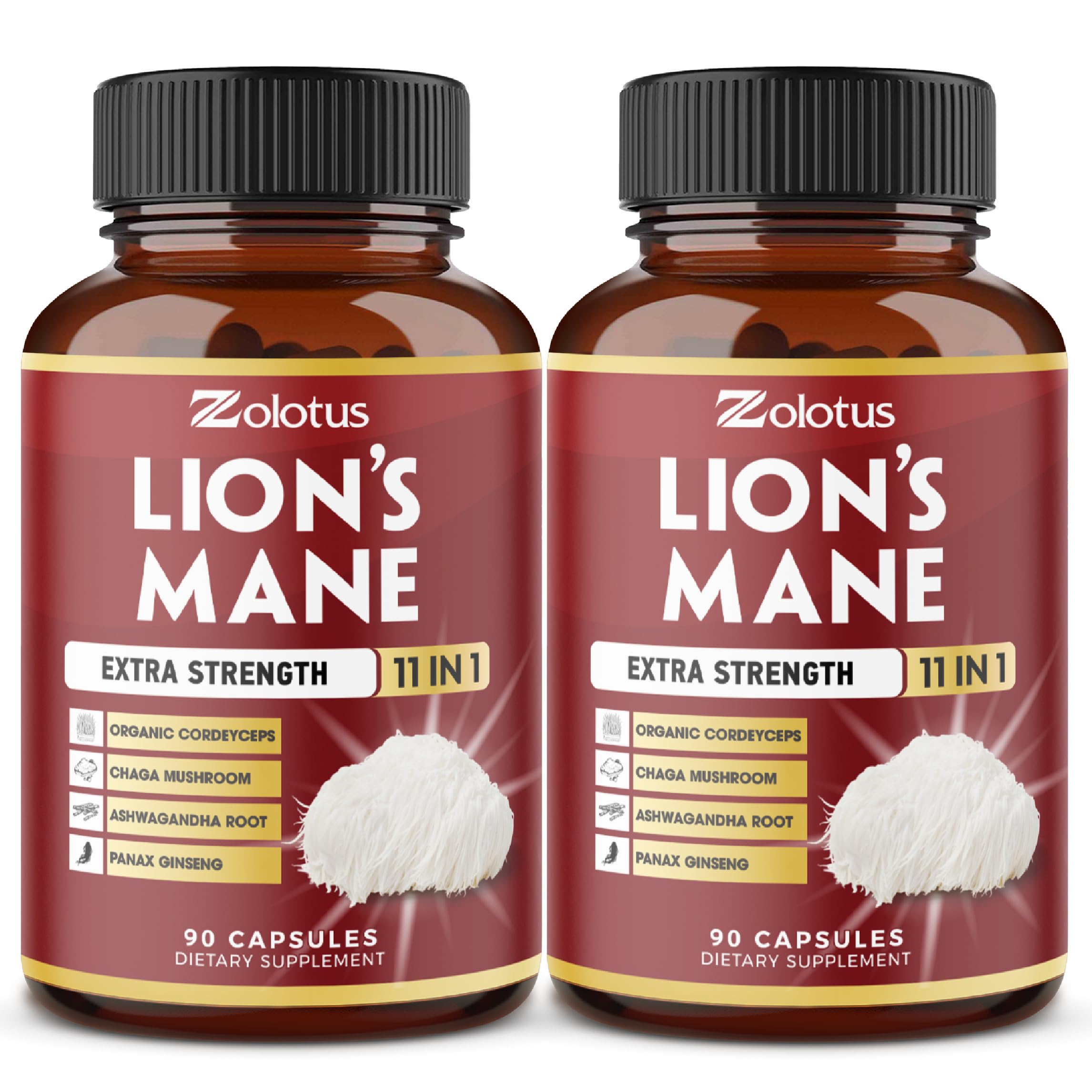 Zolotus Lions Mane Mushroom Supplement – 2 Pack (90 Capsules) with Cordeyceps, Reishi, Ashwagandha | 6 Month Supply