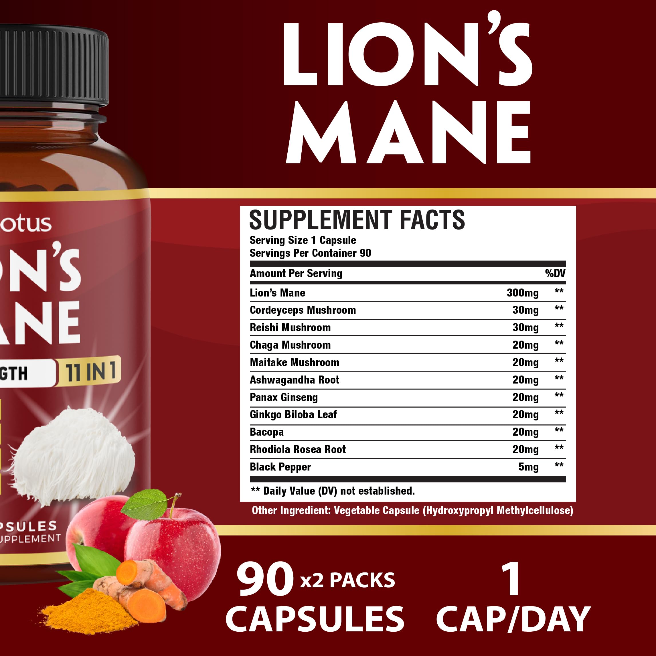Zolotus Lions Mane Mushroom Supplement – 2 Pack (90 Capsules) with Cordeyceps, Reishi, Ashwagandha | 6 Month Supply