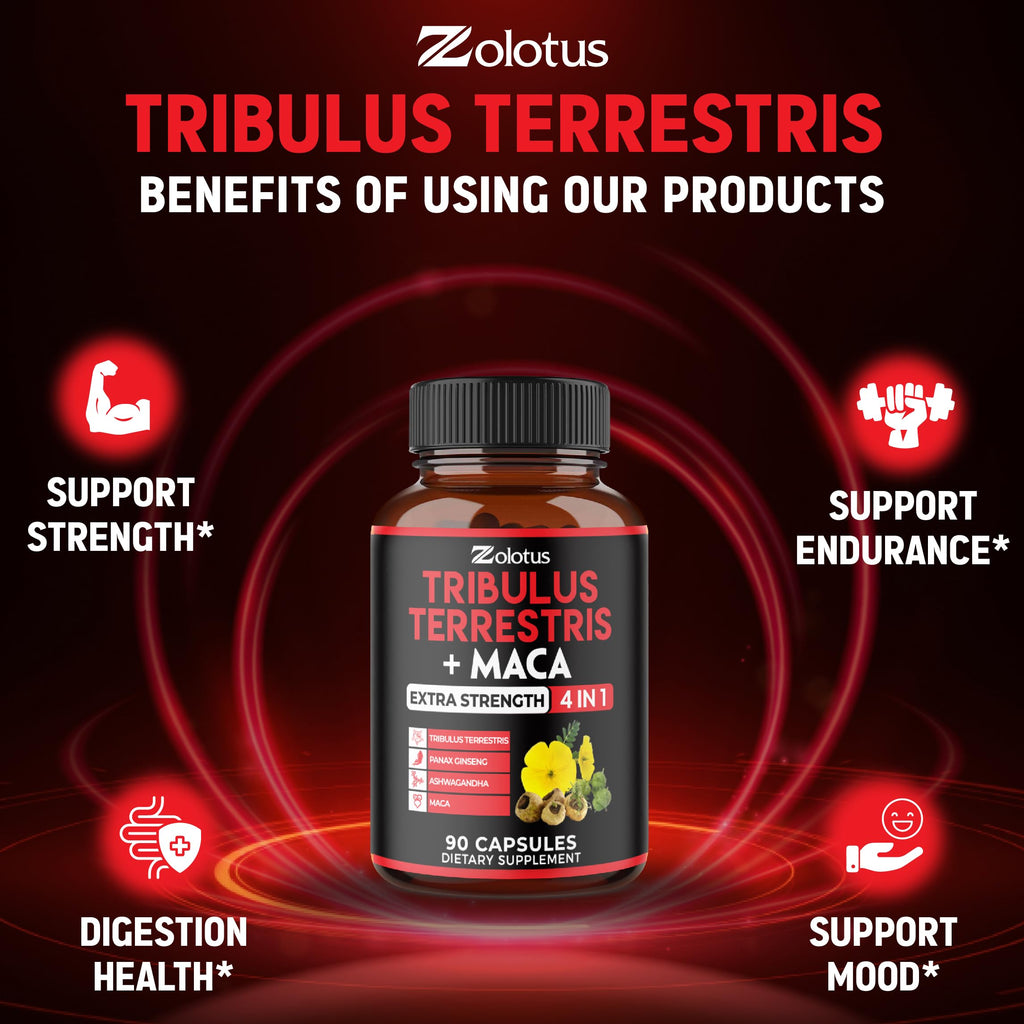 Zolotus Premium Tribulus Terrestris Capsules with Ashwagandha, Panax Ginseng & Maca – 90 Count (3 Months)