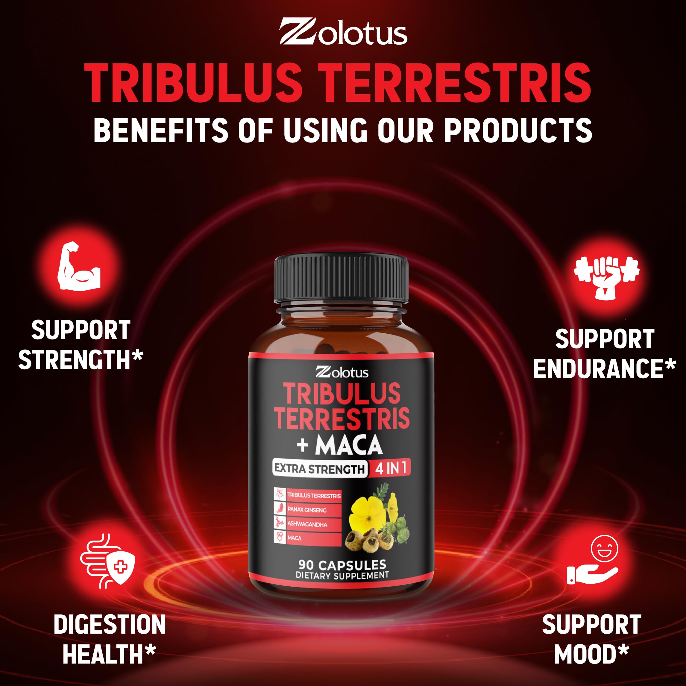 Zolotus Premium Tribulus Terrestris Capsules with Ashwagandha, Panax Ginseng & Maca – 90 Count (3 Months)