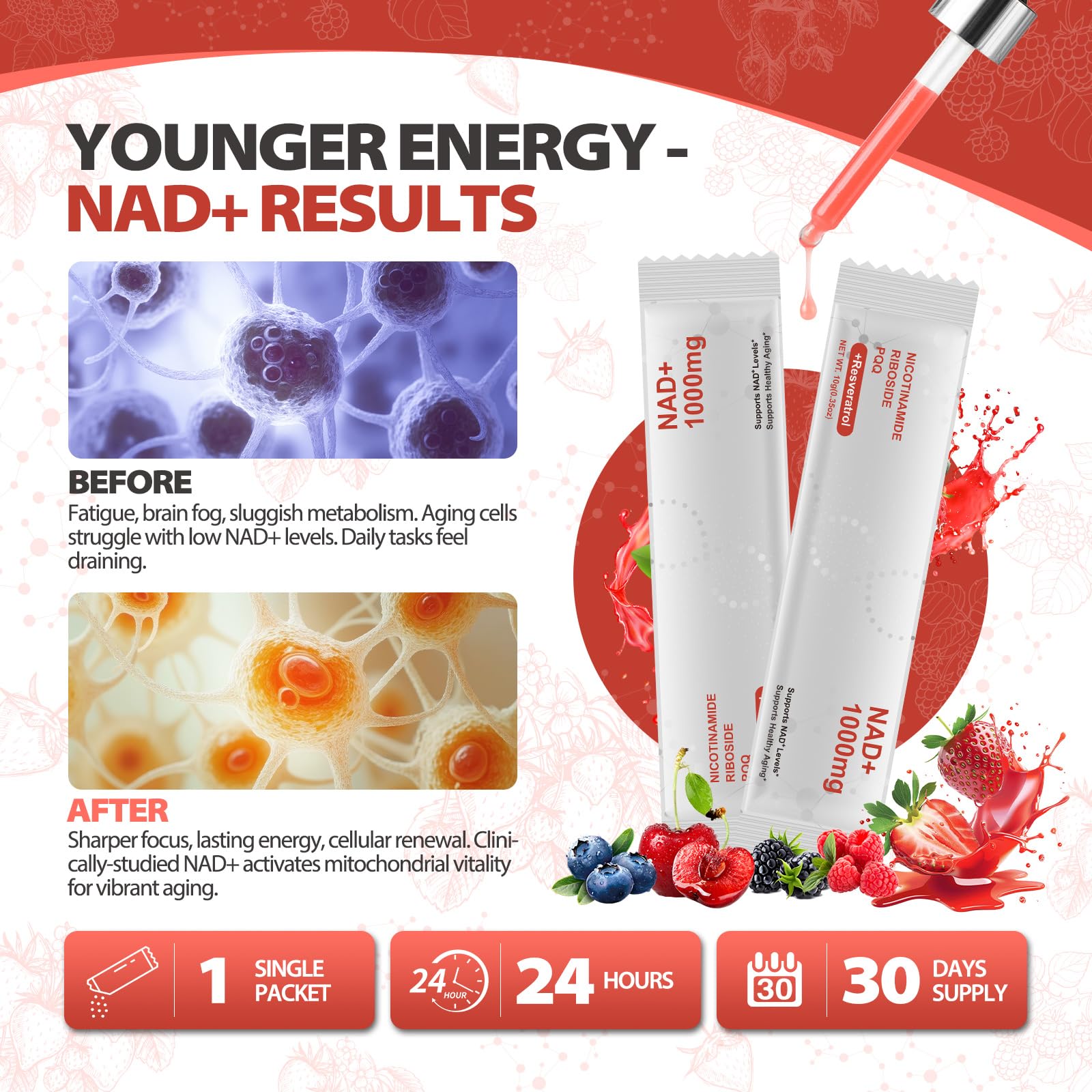Zooone NAD+ Liquid Supplement 1000mg | Nicotinamide Riboside & Resveratrol - 30 Pack