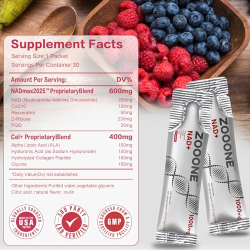 Zooone NAD+ Supplement with Resveratrol - 1000mg NMNH, Anti-Aging & Energy Support for Men & Women, 30 Pockets