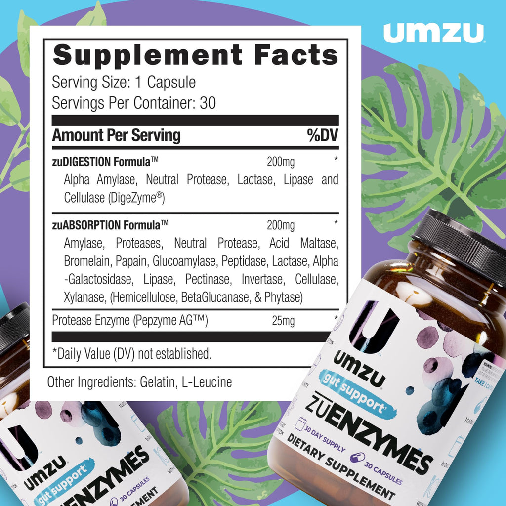 UMZU ZuEnzymes Digestive Enzymes Supplement — 21 Enzymes for Gut Health, Digestion & Nutrient Absorption (30 Day Supply, 30 Capsules)