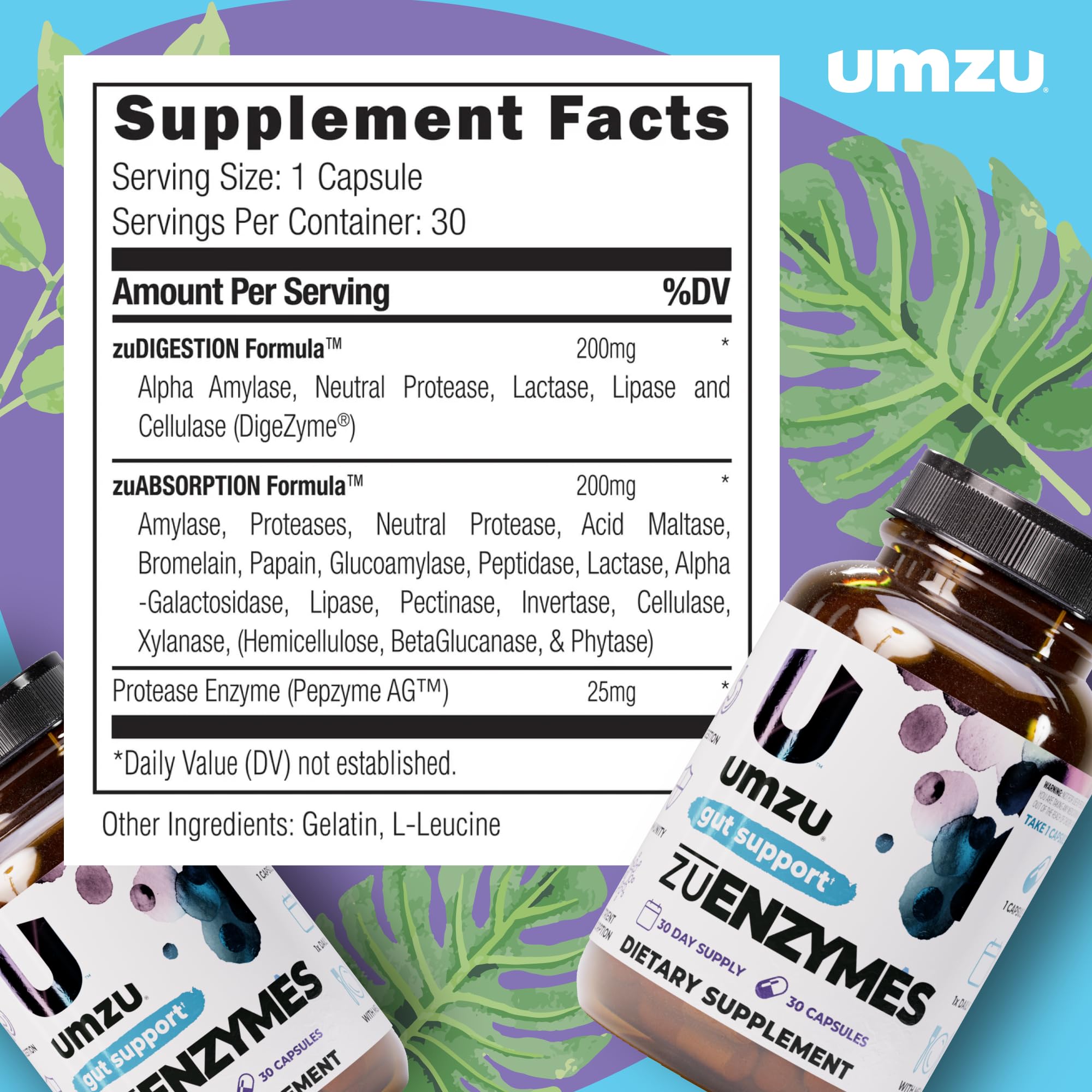 UMZU ZuEnzymes Digestive Enzymes Supplement — 21 Enzymes for Gut Health, Digestion & Nutrient Absorption (30 Day Supply, 30 Capsules)
