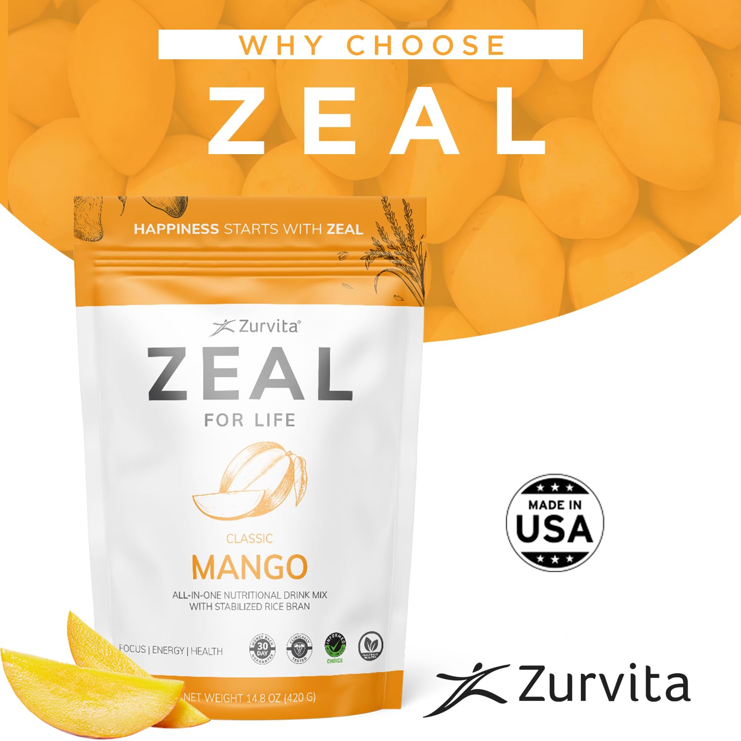 Zurvita Zeal for Life Mango Wellness Drink Mix – Gluten-Free, Vegan, with Biotin & Essential Vitamins (B12, C, D, E) – 30 Servings (420g)
