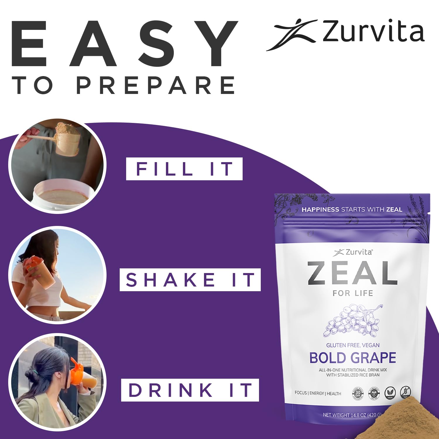 Zurvita Zeal for Life - Bold Grape Flavor | Daily Nutrition for Vitality & Wellness - 30-Day Wellness Bag 420g