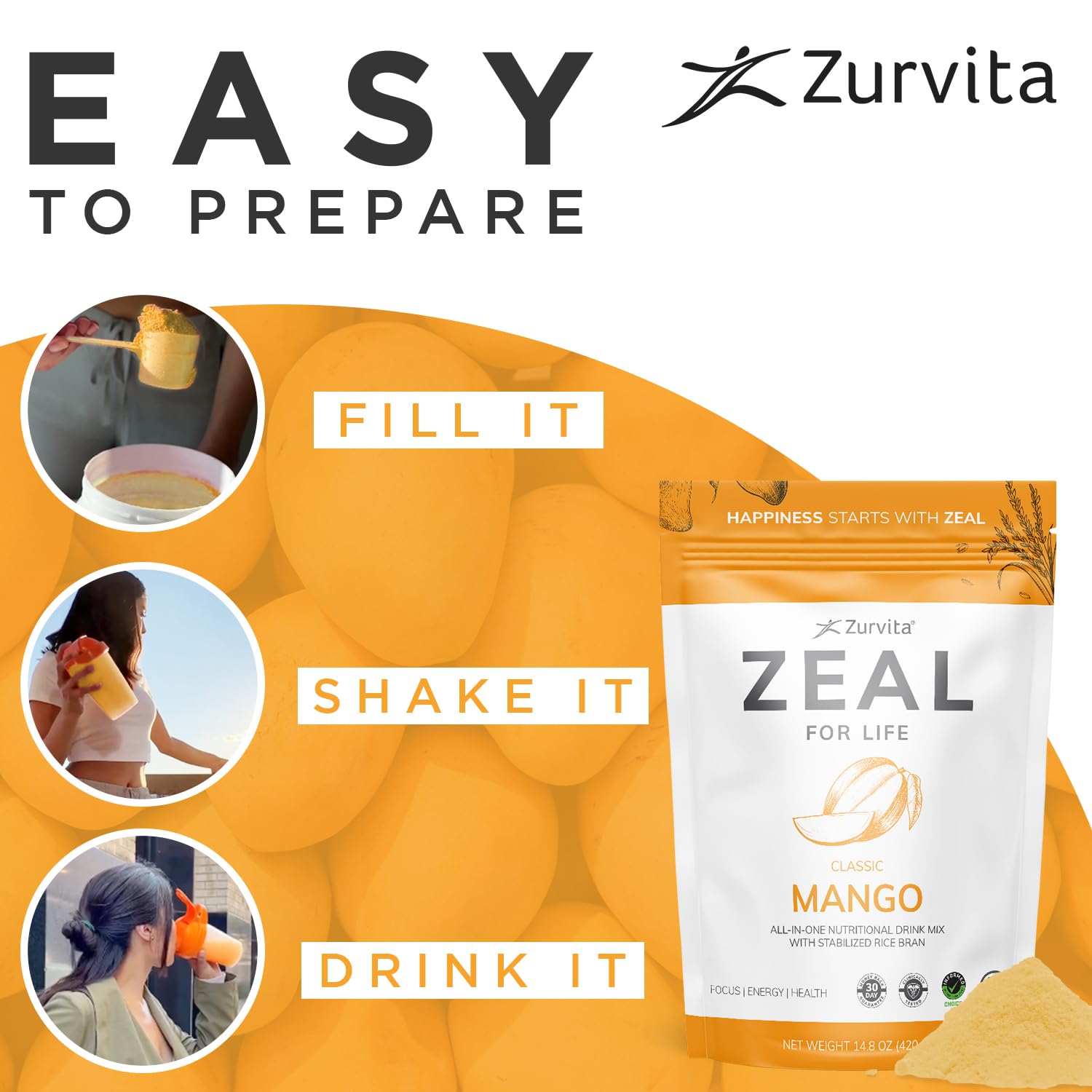Zurvita Zeal for Life Wellness Drink Mix – Mango Flavor, Gluten-Free & Vegan (30 Servings, 420g)