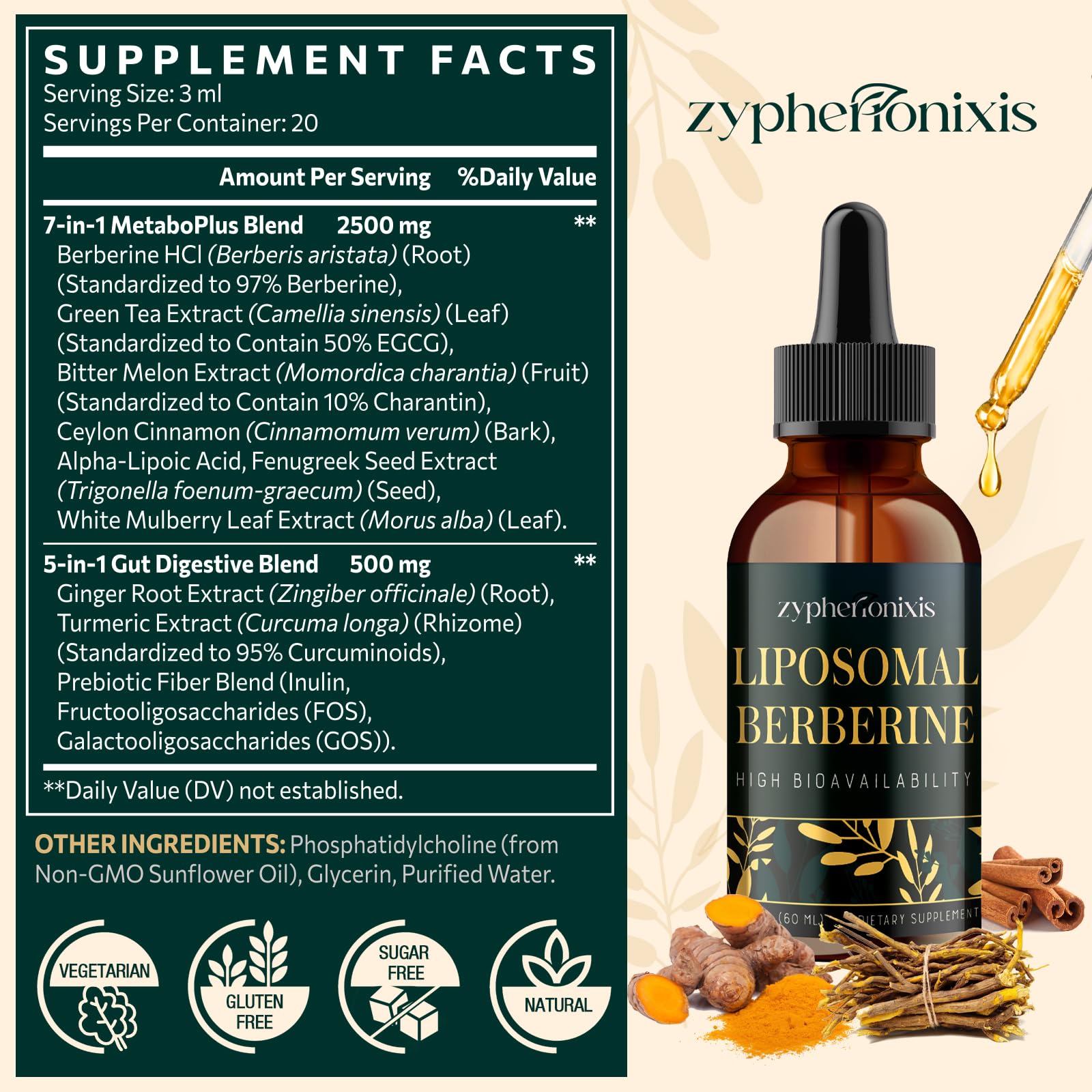 Zypherionixis Liposomal Berberine HCL Drops – 3000mg, 12-in-1 Formula, Sugar Free