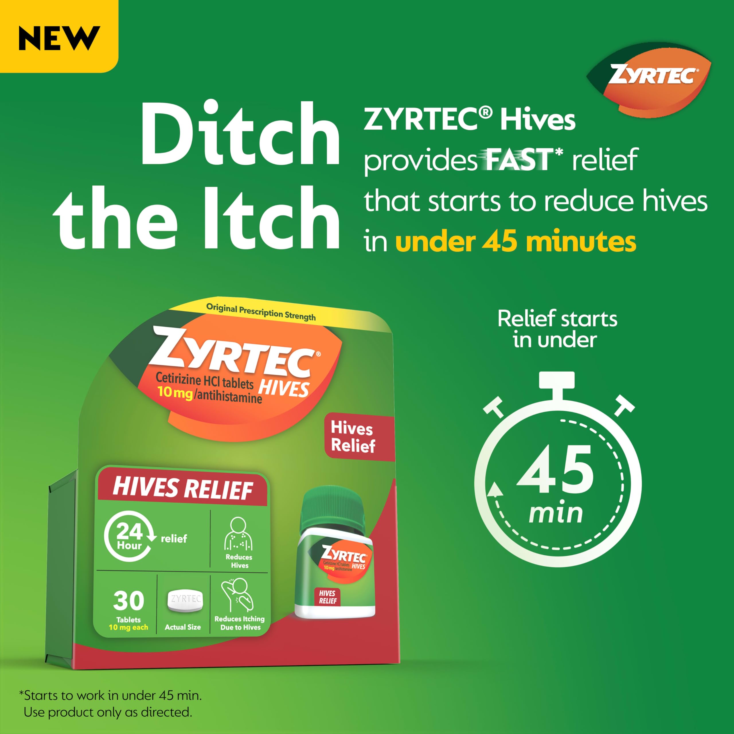 Zyrtec 24 Hour Hives Relief Tablets, 10 mg Cetirizine HCl – Fast Itch & Hive Relief, 30 Count