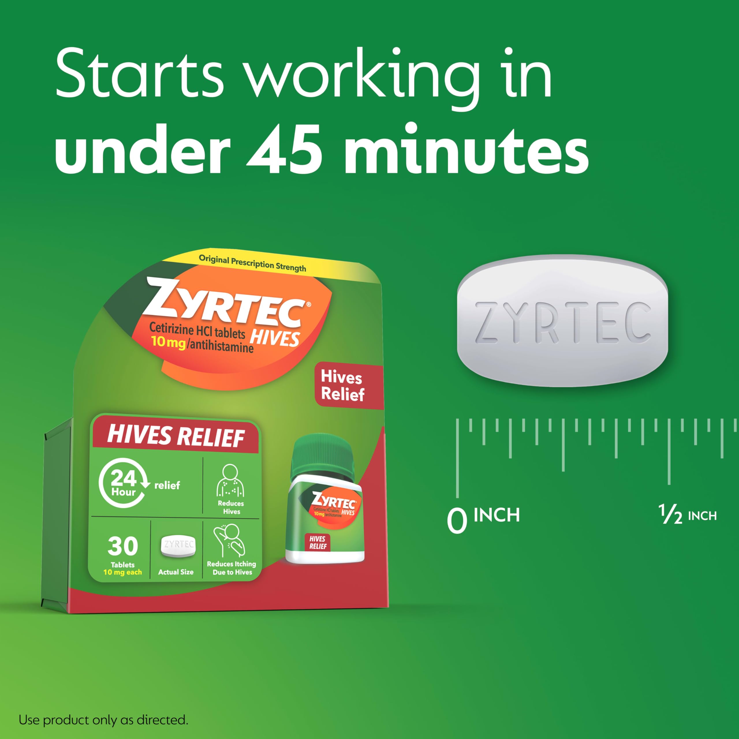 Zyrtec 24 Hour Hives Relief Tablets, 10 mg Cetirizine HCl – Fast Itch & Hive Relief, 30 Count