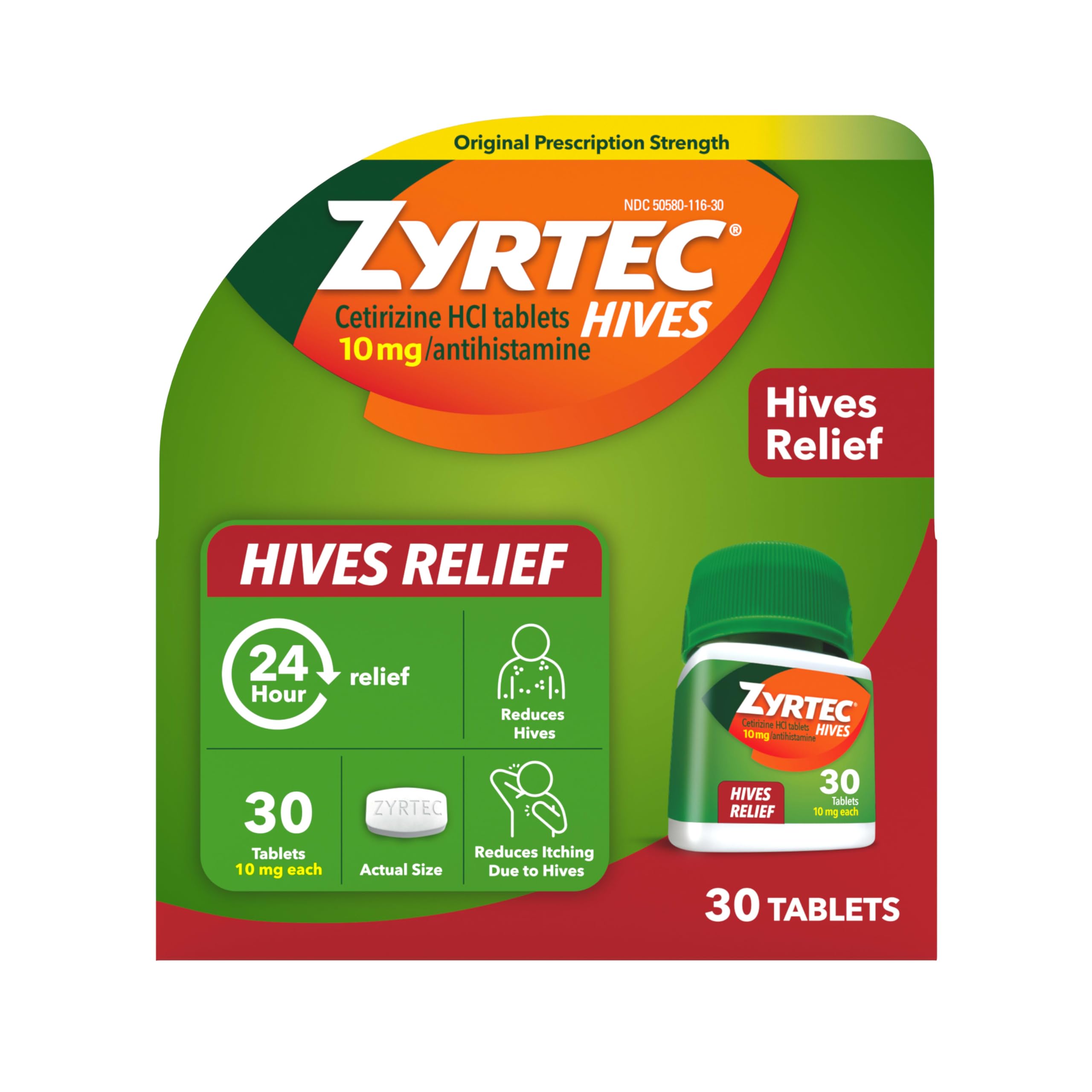 Zyrtec 24 Hour Hives Relief Tablets, 10 mg Cetirizine HCl – Fast Itch & Hive Relief, 30 Count