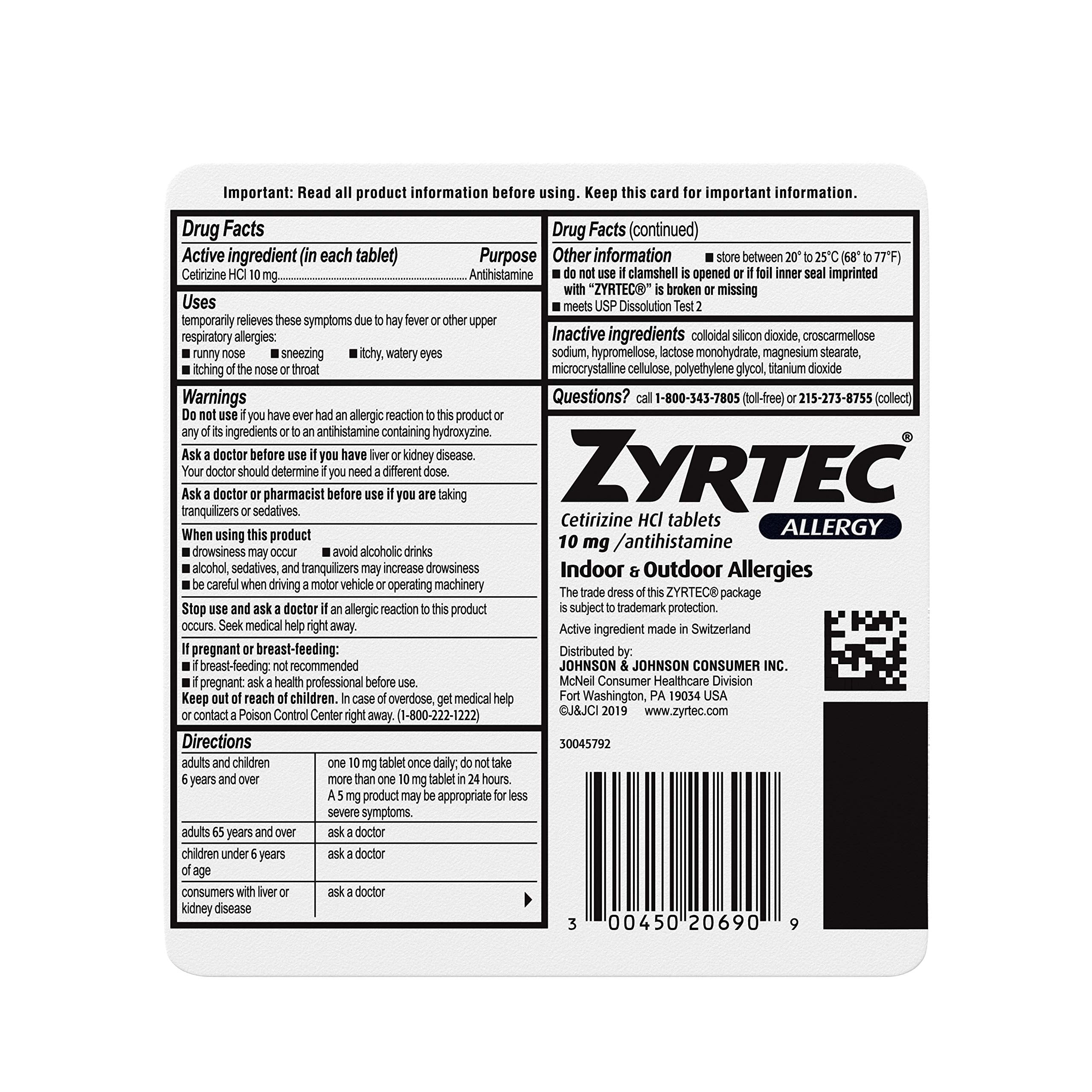 Zyrtec 24 Hour Allergy Relief Tablets - 10mg, 90 Count