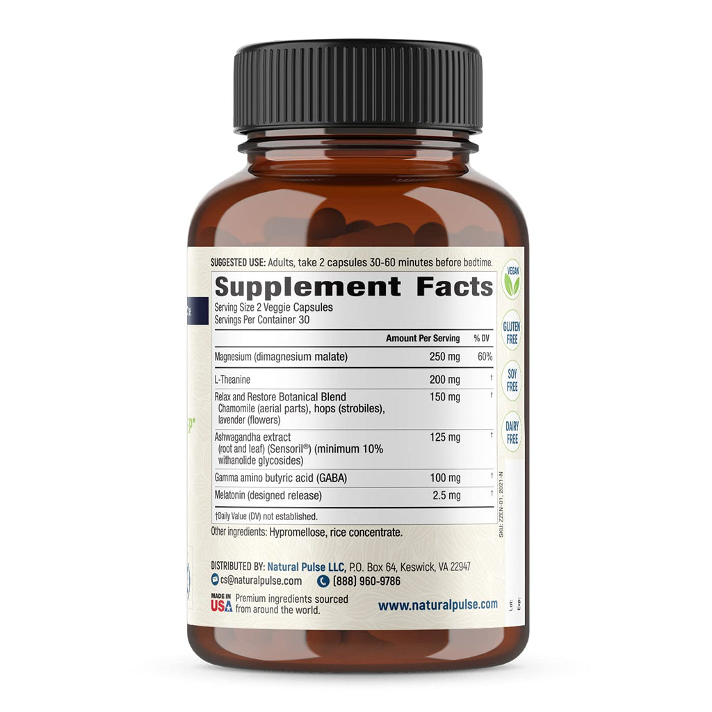 Natural Pulse Zzzen Sleep Aid for Adults – L-Theanine, Ashwagandha, GABA, Melatonin | 60 Caps | Non-GMO