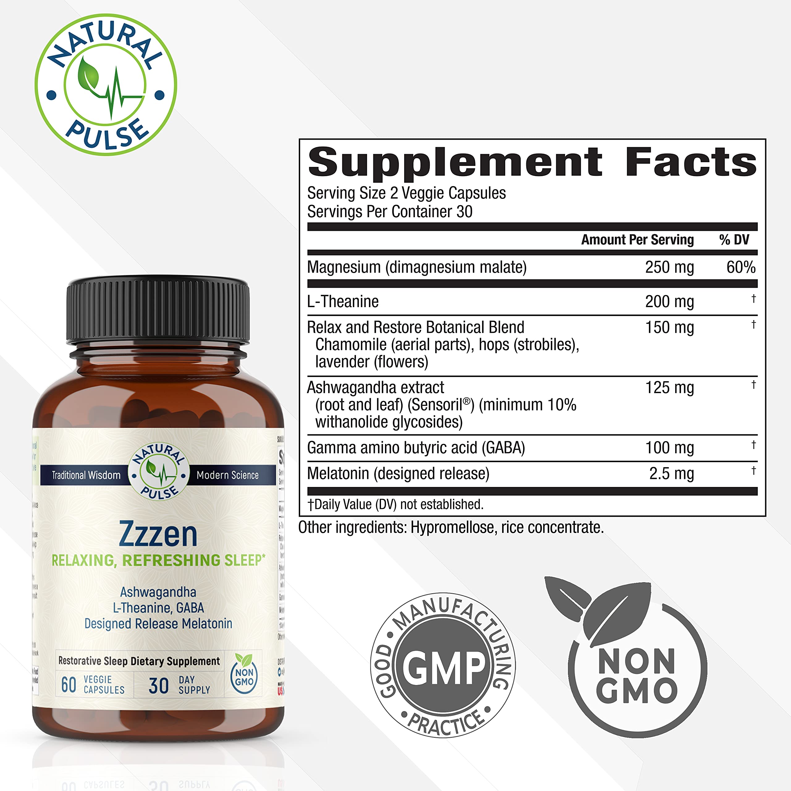 Natural Pulse Zzzen Sleep Aid for Adults – L-Theanine, Ashwagandha, GABA, Melatonin | 60 Caps | Non-GMO