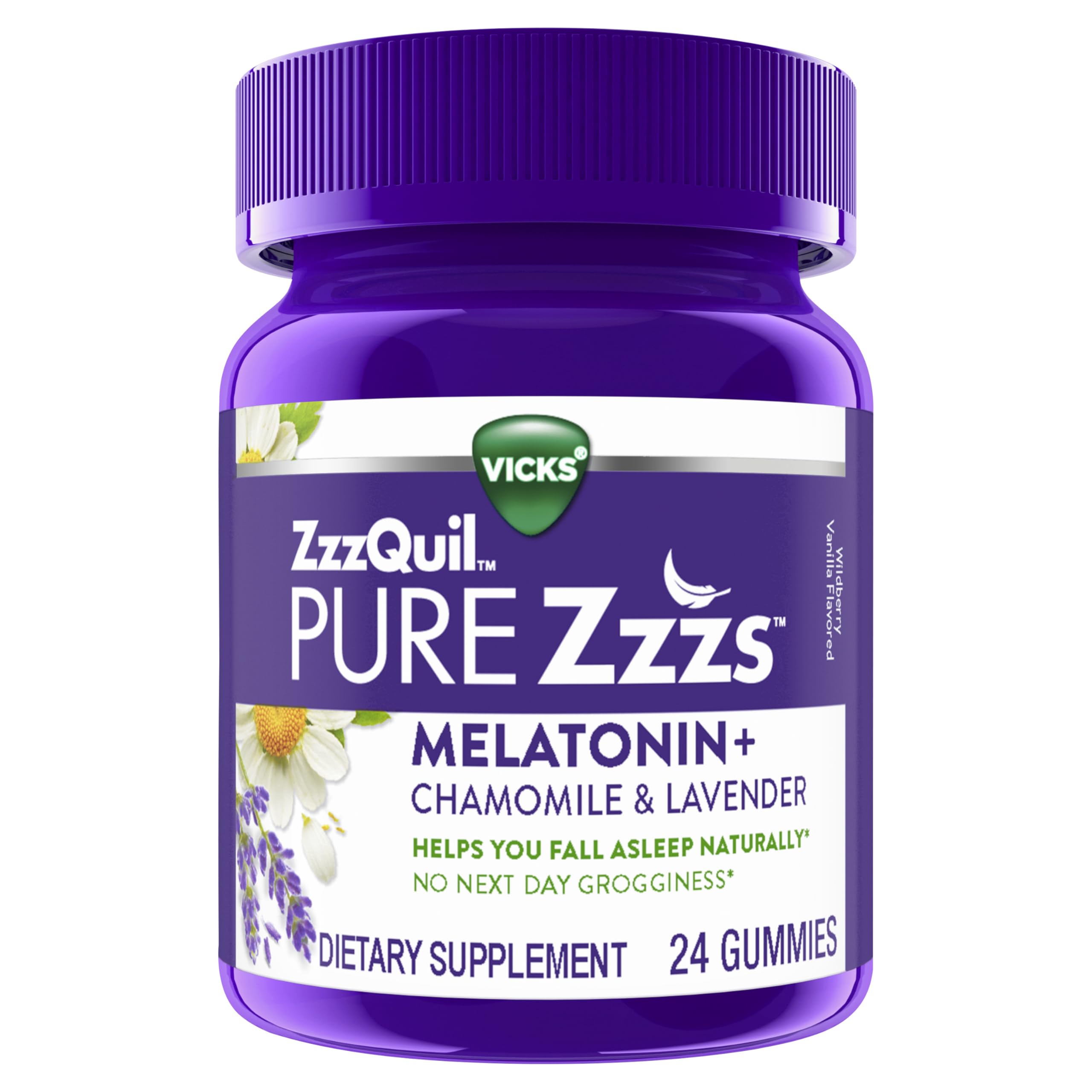 ZzzQuil PURE Zzzs Melatonin Gummies - 2mg Sleep Aid with Chamomile & Lavender | Wildberry Vanilla, 24 Gummies