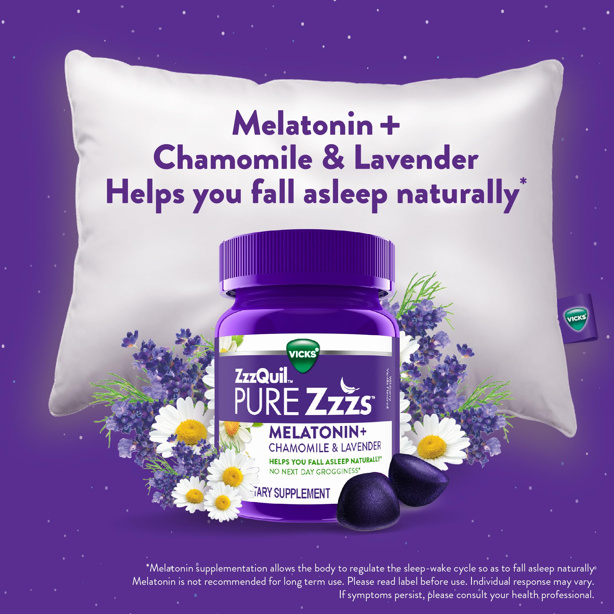 ZzzQuil PURE Zzzs Melatonin Gummies - 2mg Sleep Aid with Chamomile & Lavender | Wildberry Vanilla, 24 Gummies